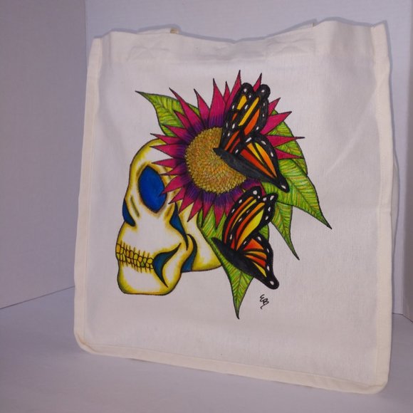 Hand-Painted Skull Tote Bag: Sunflower & Butterfly Art 14x13x7 - Picture 12 of 16